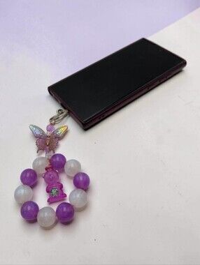 Handmade Purple & White Beaded Phone Charm – Bear Butterfly Keychain